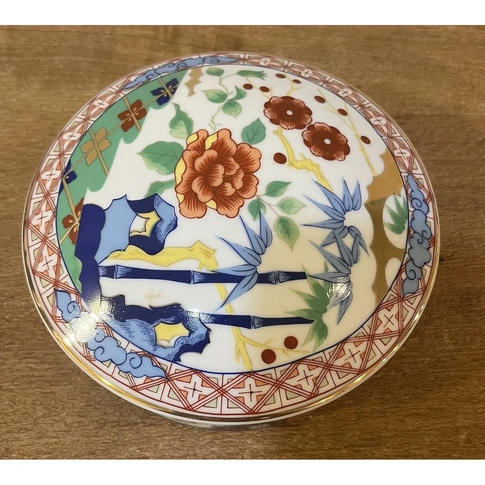 VTG‎ Imari Ware Japan Porcelain Trinket Box Floral Bamboo Lidded Dish Large 6